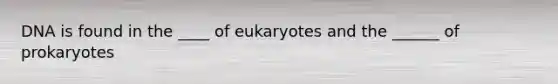 DNA is found in the ____ of eukaryotes and the ______ of prokaryotes