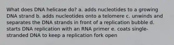 What does DNA helicase do? a. adds nucleotides to a growing DNA strand b. adds nucleotides onto a telomere c. unwinds and separates the DNA strands in front of a replication bubble d. starts DNA replication with an RNA primer e. coats single-stranded DNA to keep a replication fork open