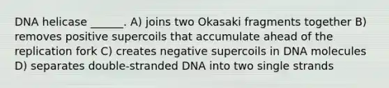 DNA helicase ______. A) joins two Okasaki fragments together B) removes positive supercoils that accumulate ahead of the replication fork C) creates negative supercoils in DNA molecules D) separates double-stranded DNA into two single strands