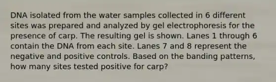 DNA isolated from the water samples collected in 6 different sites was prepared and analyzed by gel electrophoresis for the presence of carp. The resulting gel is shown. Lanes 1 through 6 contain the DNA from each site. Lanes 7 and 8 represent the negative and positive controls. Based on the banding patterns, how many sites tested positive for carp?