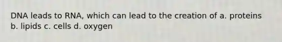 DNA leads to RNA, which can lead to the creation of a. proteins b. lipids c. cells d. oxygen
