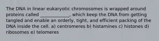 The DNA in linear eukaryotic chromosomes is wrapped around proteins called _____________, which keep the DNA from getting tangled and enable an orderly, tight, and efficient packing of the DNA inside the cell. a) centromeres b) histamines c) histones d) ribosomes e) telomeres