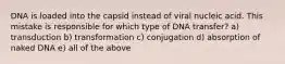 DNA is loaded into the capsid instead of viral nucleic acid. This mistake is responsible for which type of DNA transfer? a) transduction b) transformation c) conjugation d) absorption of naked DNA e) all of the above