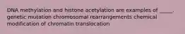 DNA methylation and histone acetylation are examples of _____. genetic mutation chromosomal rearrangements chemical modification of chromatin translocation