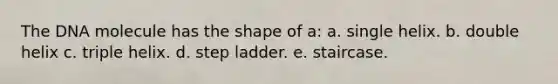 The DNA molecule has the shape of a: a. single helix. b. double helix c. triple helix. d. step ladder. e. staircase.