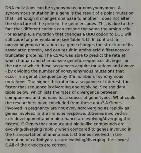 DNA mutations can be synonymous or nonsynonymous. A synonymous mutation in a gene is the result of a point mutation that - although it changes one base to another - does not alter the structure of the protein the gene encodes. This is due to the fact that different codons can encode the same the amino acid. For example, a mutation that changes a UUU codon to UUC will still code for phenylalanine (see Table 4.1). In contrast, a nonsynonymous mutation in a gene changes the structure of its associated protein, and can result in amino acid differences or truncated proteins. The CSAC was able to predict the rate at which human and chimpanzee genetic sequences diverge - or the rate at which these sequences acquire mutations and evolve - by dividing the number of nonsynonymous mutations that occur in a genetic sequence by the number of synonymous mutations. The higher this ratio for a sequence of interest, the faster that sequence is diverging and evolving. See the data table below, which lists the rates of divergence between chimpanzees and humans for a subset of gene types. What could the researchers have concluded from these data? A.Genes involved in pregnancy are not evolving/diverging as rapidly as genes involved in the immune response. B.Genes involved in skin development and maintenance are evolving/diverging the fastest. C.Genes that produce antibiotic-like compounds are evolving/diverging rapidly when compared to genes involved in the transportation of amino acids. D.Genes involved in the formation of carbohydrates are evolving/diverging the slowest. E.All of the choices are correct.