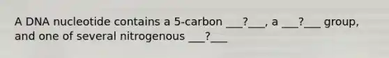 A DNA nucleotide contains a 5-carbon ___?___, a ___?___ group, and one of several nitrogenous ___?___