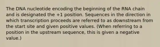 The DNA nucleotide encoding the beginning of the RNA chain and is designated the +1 position. Sequences in the direction in which transcription proceeds are referred to as downstream from the start site and given positive values. (When referring to a position in the upstream sequence, this is given a negative value.)