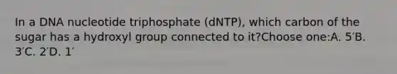 In a DNA nucleotide triphosphate (dNTP), which carbon of the sugar has a hydroxyl group connected to it?Choose one:A. 5′B. 3′C. 2′D. 1′