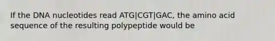 If the DNA nucleotides read ATG|CGT|GAC, the amino acid sequence of the resulting polypeptide would be