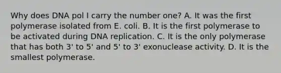 Why does DNA pol I carry the number one? A. It was the first polymerase isolated from E. coli. B. It is the first polymerase to be activated during DNA replication. C. It is the only polymerase that has both 3' to 5' and 5' to 3' exonuclease activity. D. It is the smallest polymerase.