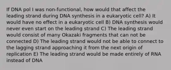 If DNA pol I was non-functional, how would that affect the leading strand during DNA synthesis in a eukaryotic cell? A) It would have no effect in a eukaryotic cell B) DNA synthesis would never even start on the leading strand C) The leading strand would consist of many Okazaki fragments that can not be connected D) The leading strand would not be able to connect to the lagging strand approaching it from the next origin of replication E) The leading strand would be made entirely of RNA instead of DNA