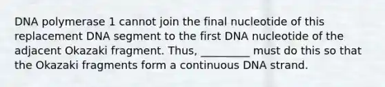 DNA polymerase 1 cannot join the final nucleotide of this replacement DNA segment to the first DNA nucleotide of the adjacent Okazaki fragment. Thus, _________ must do this so that the Okazaki fragments form a continuous DNA strand.