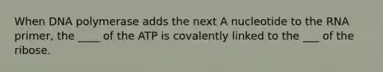 When DNA polymerase adds the next A nucleotide to the RNA primer, the ____ of the ATP is covalently linked to the ___ of the ribose.