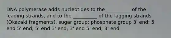 DNA polymerase adds nucleotides to the __________ of the leading strands, and to the __________ of the lagging strands (Okazaki fragments). sugar group; phosphate group 3' end; 5' end 5' end; 5' end 3' end; 3' end 5' end; 3' end