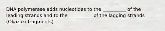 DNA polymerase adds nucleotides to the __________ of the leading strands and to the __________ of the lagging strands (Okazaki fragments)