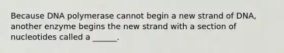 Because DNA polymerase cannot begin a new strand of DNA, another enzyme begins the new strand with a section of nucleotides called a ______.