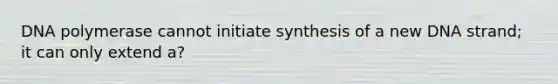 DNA polymerase cannot initiate synthesis of a new DNA strand; it can only extend a?