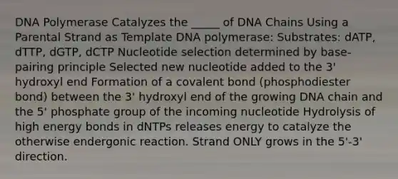 DNA Polymerase Catalyzes the _____ of DNA Chains Using a Parental Strand as Template DNA polymerase: Substrates: dATP, dTTP, dGTP, dCTP Nucleotide selection determined by base-pairing principle Selected new nucleotide added to the 3' hydroxyl end Formation of a covalent bond (phosphodiester bond) between the 3' hydroxyl end of the growing DNA chain and the 5' phosphate group of the incoming nucleotide Hydrolysis of high energy bonds in dNTPs releases energy to catalyze the otherwise endergonic reaction. Strand ONLY grows in the 5'-3' direction.