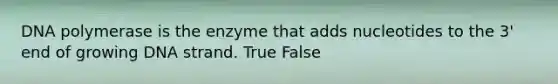 DNA polymerase is the enzyme that adds nucleotides to the 3' end of growing DNA strand. True False