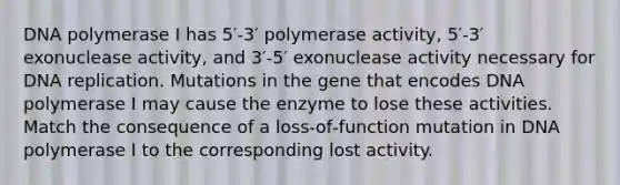 DNA polymerase I has 5′-3′ polymerase activity, 5′-3′ exonuclease activity, and 3′-5′ exonuclease activity necessary for <a href='https://www.questionai.com/knowledge/kofV2VQU2J-dna-replication' class='anchor-knowledge'>dna replication</a>. Mutations in the gene that encodes DNA polymerase I may cause the enzyme to lose these activities. Match the consequence of a loss‑of‑function mutation in DNA polymerase I to the corresponding lost activity.