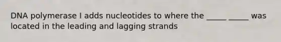 DNA polymerase I adds nucleotides to where the _____ _____ was located in the leading and lagging strands
