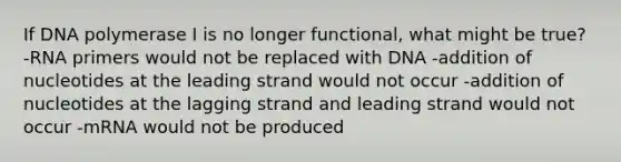 If DNA polymerase I is no longer functional, what might be true? -RNA primers would not be replaced with DNA -addition of nucleotides at the leading strand would not occur -addition of nucleotides at the lagging strand and leading strand would not occur -mRNA would not be produced