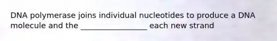 DNA polymerase joins individual nucleotides to produce a DNA molecule and the _________________ each new strand