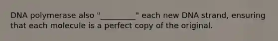 DNA polymerase also "_________" each new DNA strand, ensuring that each molecule is a perfect copy of the original.