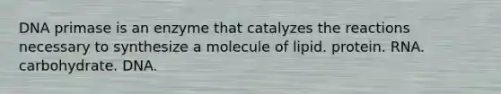 DNA primase is an enzyme that catalyzes the reactions necessary to synthesize a molecule of lipid. protein. RNA. carbohydrate. DNA.