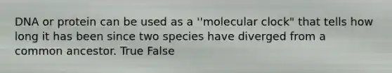 DNA or protein can be used as a ''molecular clock" that tells how long it has been since two species have diverged from a common ancestor. True False