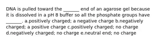 DNA is pulled toward the _______ end of an agarose gel because it is dissolved in a pH 8 buffer so all the phosphate groups have _______. a.positively charged; a negative charge b.negatively charged; a positive charge c.positively charged; no charge d.negatively charged; no charge e.neutral end; no charge