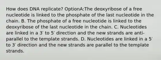 How does DNA replicate? OptionA:The deoxyribose of a free nucleotide is linked to the phosphate of the last nucleotide in the chain. B. The phosphate of a free nucleotide is linked to the deoxyribose of the last nucleotide in the chain. C. Nucleotides are linked in a 3′ to 5′ direction and the new strands are anti-parallel to the template strands. D. Nucleotides are linked in a 5′ to 3′ direction and the new strands are parallel to the template strands.