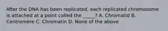 After the DNA has been replicated, each replicated chromosome is attached at a point called the _____? A. Chromatid B. Centromere C. Chromatin D. None of the above