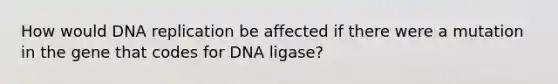 How would <a href='https://www.questionai.com/knowledge/kofV2VQU2J-dna-replication' class='anchor-knowledge'>dna replication</a> be affected if there were a mutation in the gene that codes for DNA ligase?