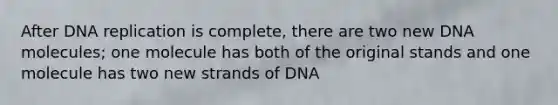 After DNA replication is complete, there are two new DNA molecules; one molecule has both of the original stands and one molecule has two new strands of DNA