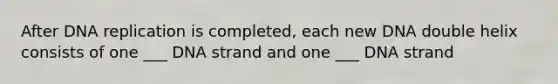 After DNA replication is completed, each new DNA double helix consists of one ___ DNA strand and one ___ DNA strand