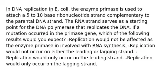 In DNA replication in E. coli, the enzyme primase is used to attach a 5 to 10 base ribonucleotide strand complementary to the parental DNA strand. The RNA strand serves as a starting point for the DNA polymerase that replicates the DNA. If a mutation occurred in the primase gene, which of the following results would you expect? -Replication would not be affected as the enzyme primase in involved with RNA synthesis. -Replication would not occur on either the leading or lagging strand. -Replication would only occur on the leading strand. -Replication would only occur on the lagging strand.