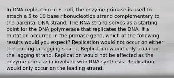 In DNA replication in E. coli, the enzyme primase is used to attach a 5 to 10 base ribonucleotide strand complementary to the parental DNA strand. The RNA strand serves as a starting point for the DNA polymerase that replicates the DNA. If a mutation occurred in the primase gene, which of the following results would you expect? Replication would not occur on either the leading or lagging strand. Replication would only occur on the lagging strand. Replication would not be affected as the enzyme primase in involved with RNA synthesis. Replication would only occur on the leading strand.