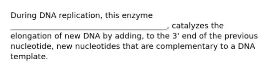 During DNA replication, this enzyme ________________________________________, catalyzes the elongation of new DNA by adding, to the 3' end of the previous nucleotide, new nucleotides that are complementary to a DNA template.