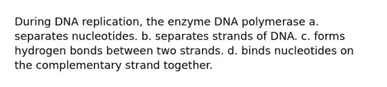 During DNA replication, the enzyme DNA polymerase a. separates nucleotides. b. separates strands of DNA. c. forms hydrogen bonds between two strands. d. binds nucleotides on the complementary strand together.