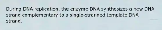 During <a href='https://www.questionai.com/knowledge/kofV2VQU2J-dna-replication' class='anchor-knowledge'>dna replication</a>, the enzyme DNA synthesizes a new DNA strand complementary to a single-stranded template DNA strand.