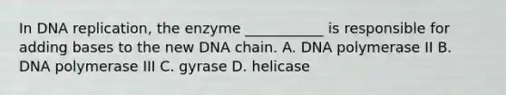 In DNA replication, the enzyme ___________ is responsible for adding bases to the new DNA chain. A. DNA polymerase II B. DNA polymerase III C. gyrase D. helicase