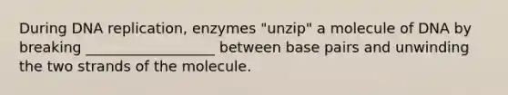 During <a href='https://www.questionai.com/knowledge/kofV2VQU2J-dna-replication' class='anchor-knowledge'>dna replication</a>, enzymes "unzip" a molecule of DNA by breaking __________________ between base pairs and unwinding the two strands of the molecule.