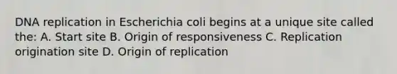 DNA replication in Escherichia coli begins at a unique site called the: A. Start site B. Origin of responsiveness C. Replication origination site D. Origin of replication