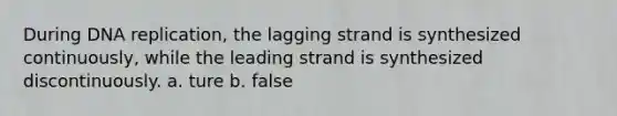 During <a href='https://www.questionai.com/knowledge/kofV2VQU2J-dna-replication' class='anchor-knowledge'>dna replication</a>, the lagging strand is synthesized continuously, while the leading strand is synthesized discontinuously. a. ture b. false