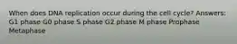 When does DNA replication occur during the cell cycle? Answers: G1 phase G0 phase S phase G2 phase M phase Prophase Metaphase