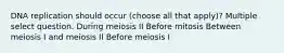 DNA replication should occur (choose all that apply)? Multiple select question. During meiosis II Before mitosis Between meiosis I and meiosis II Before meiosis I