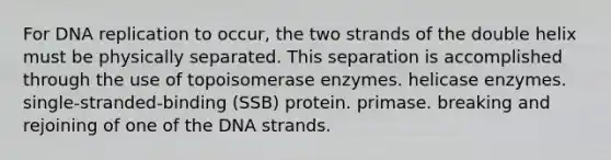 For DNA replication to occur, the two strands of the double helix must be physically separated. This separation is accomplished through the use of topoisomerase enzymes. helicase enzymes. single‑stranded‑binding (SSB) protein. primase. breaking and rejoining of one of the DNA strands.