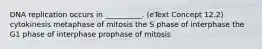 DNA replication occurs in __________. (eText Concept 12.2) cytokinesis metaphase of mitosis the S phase of interphase the G1 phase of interphase prophase of mitosis